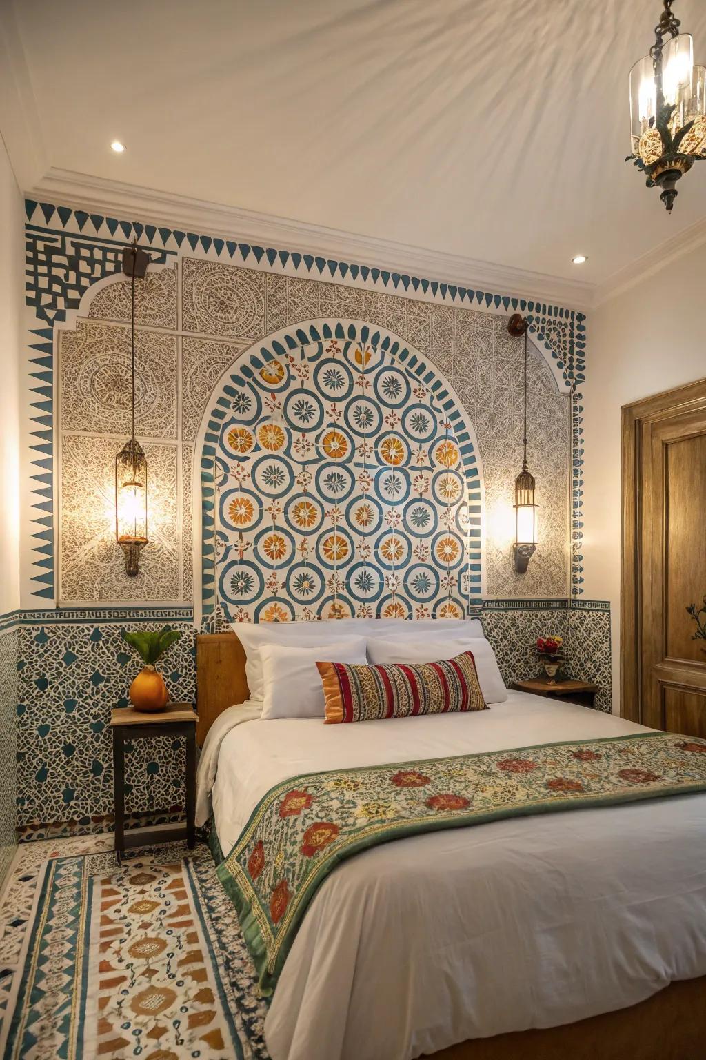 Moorish patterned squares add exotic flair to a modern Spanish bedroom.