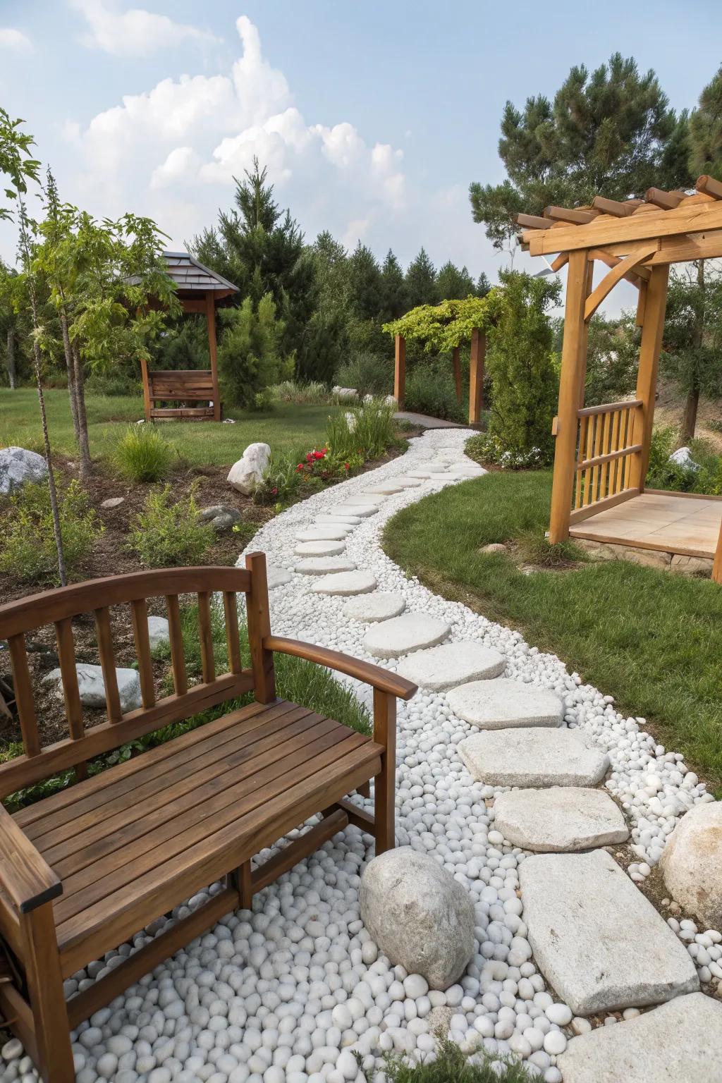 A garden combining wood elements with white stones, creating a warm and textured landscape.