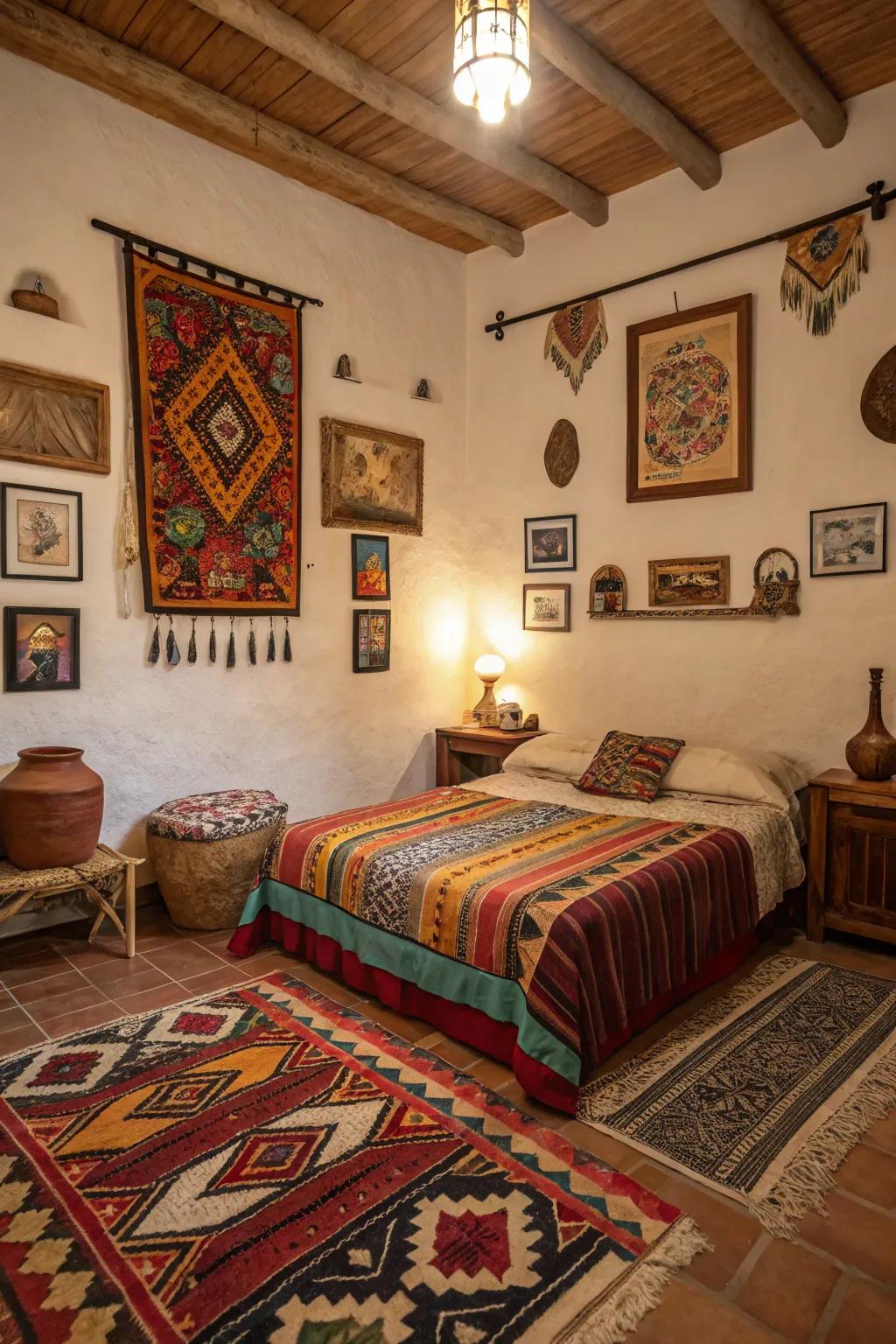 Cultural pieces fill a bedroom with individual significance.