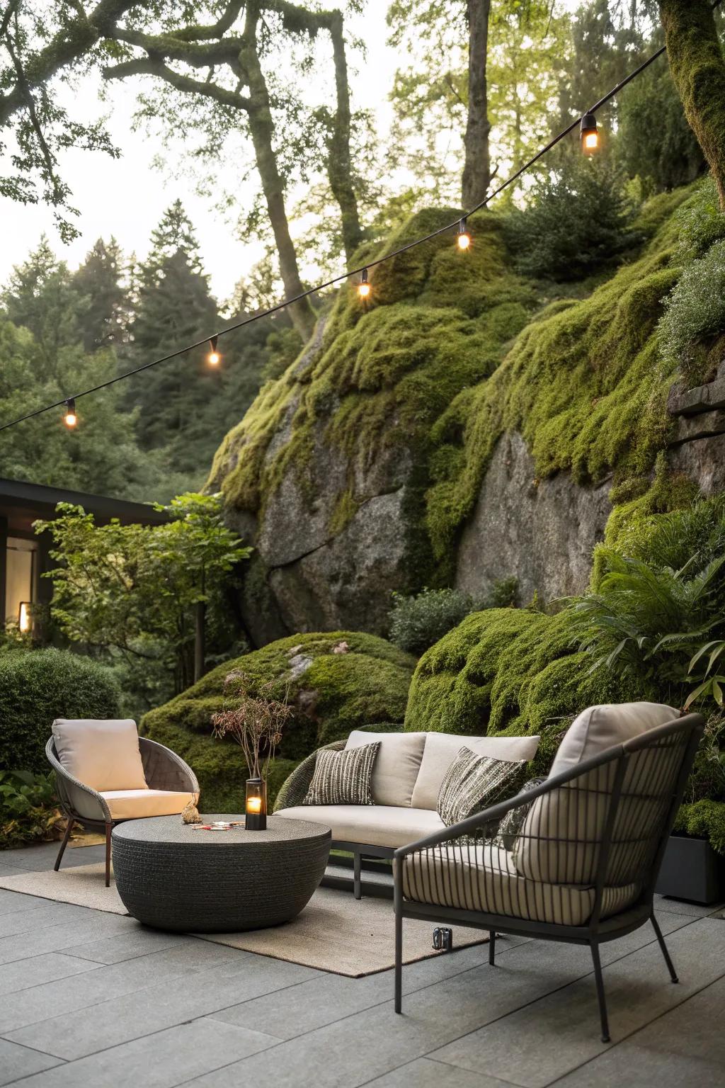 A cozy patio featuring a lush moss rock backdrop.