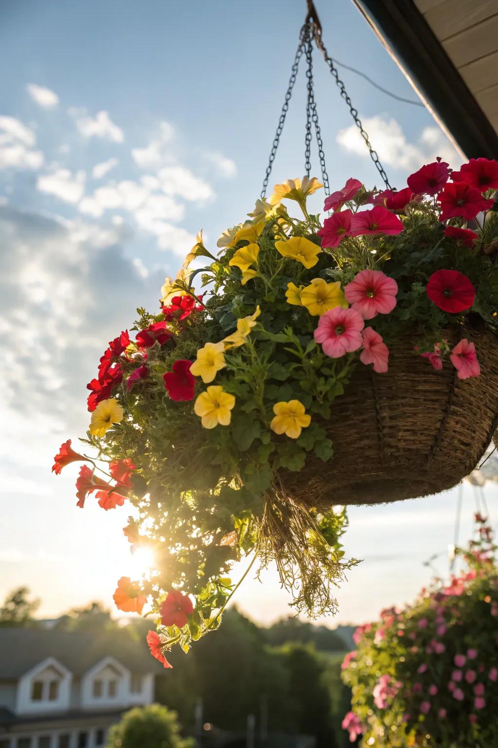 A vibrant suspended container brimming with blooms.