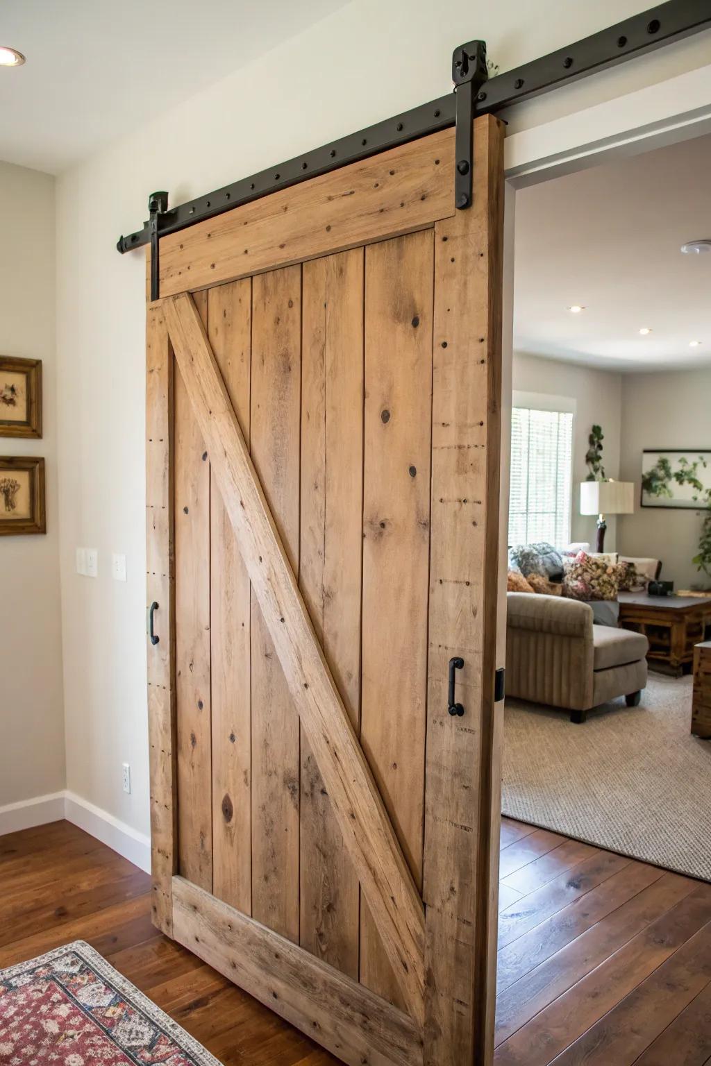 A bold and country sliding barn door in a modern room.