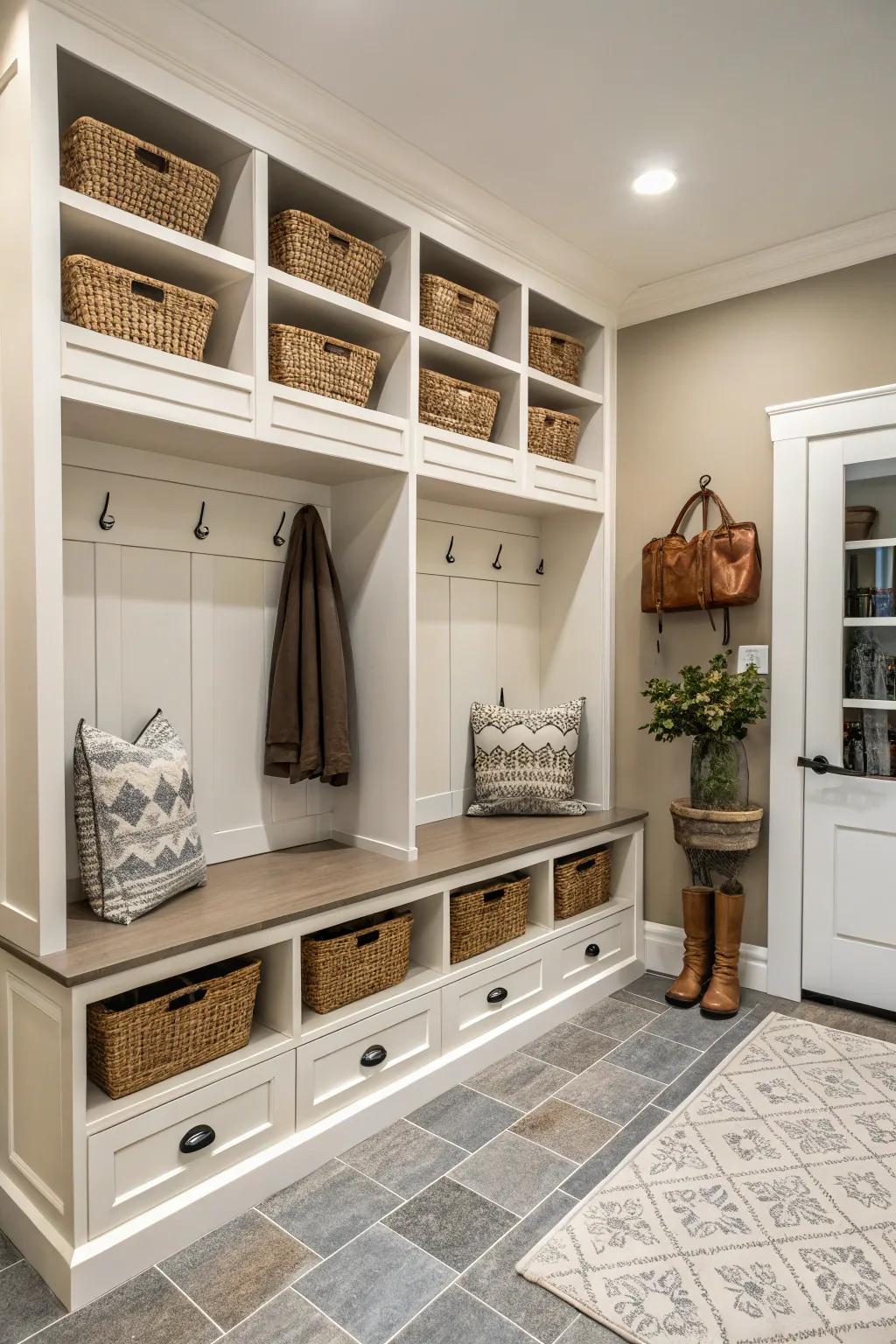 Symmetry and equilibrium create a harmonious and inviting mudroom.