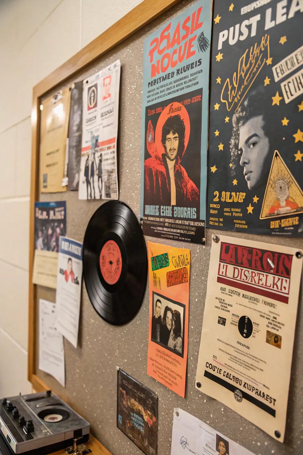 A nostalgic bulletin board highlighting music through the decades.