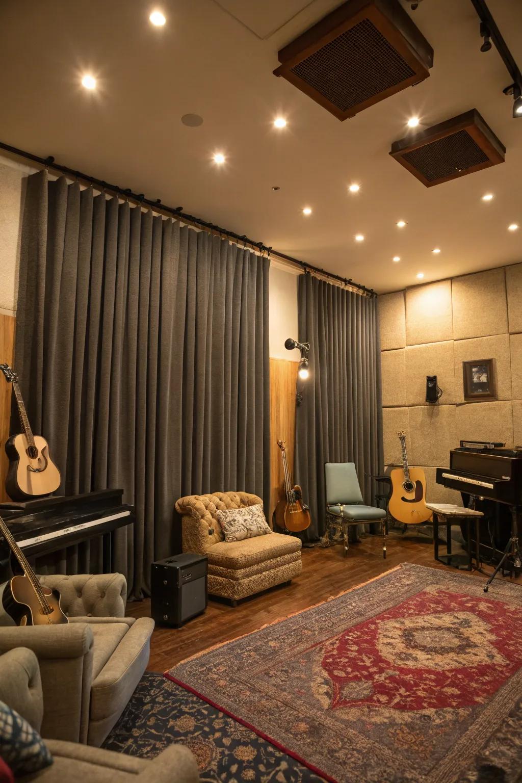 Soundproof curtains enhance sound control and privacy.
