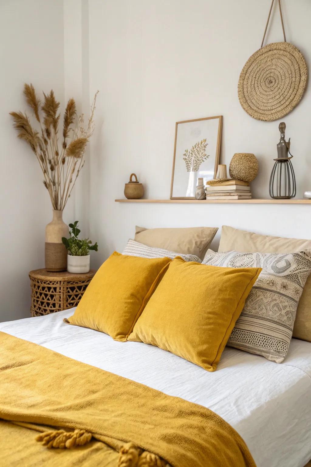 A simplistic bedroom using yellow pillows and design.