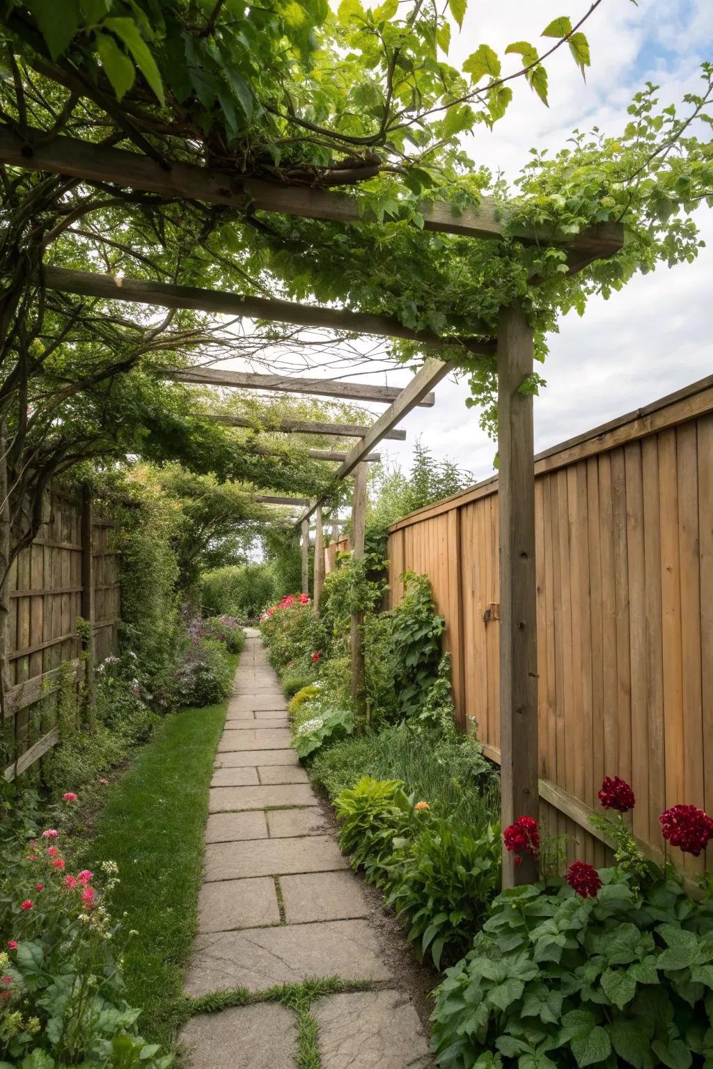 A canopy offers shade and formation to a slim garden.