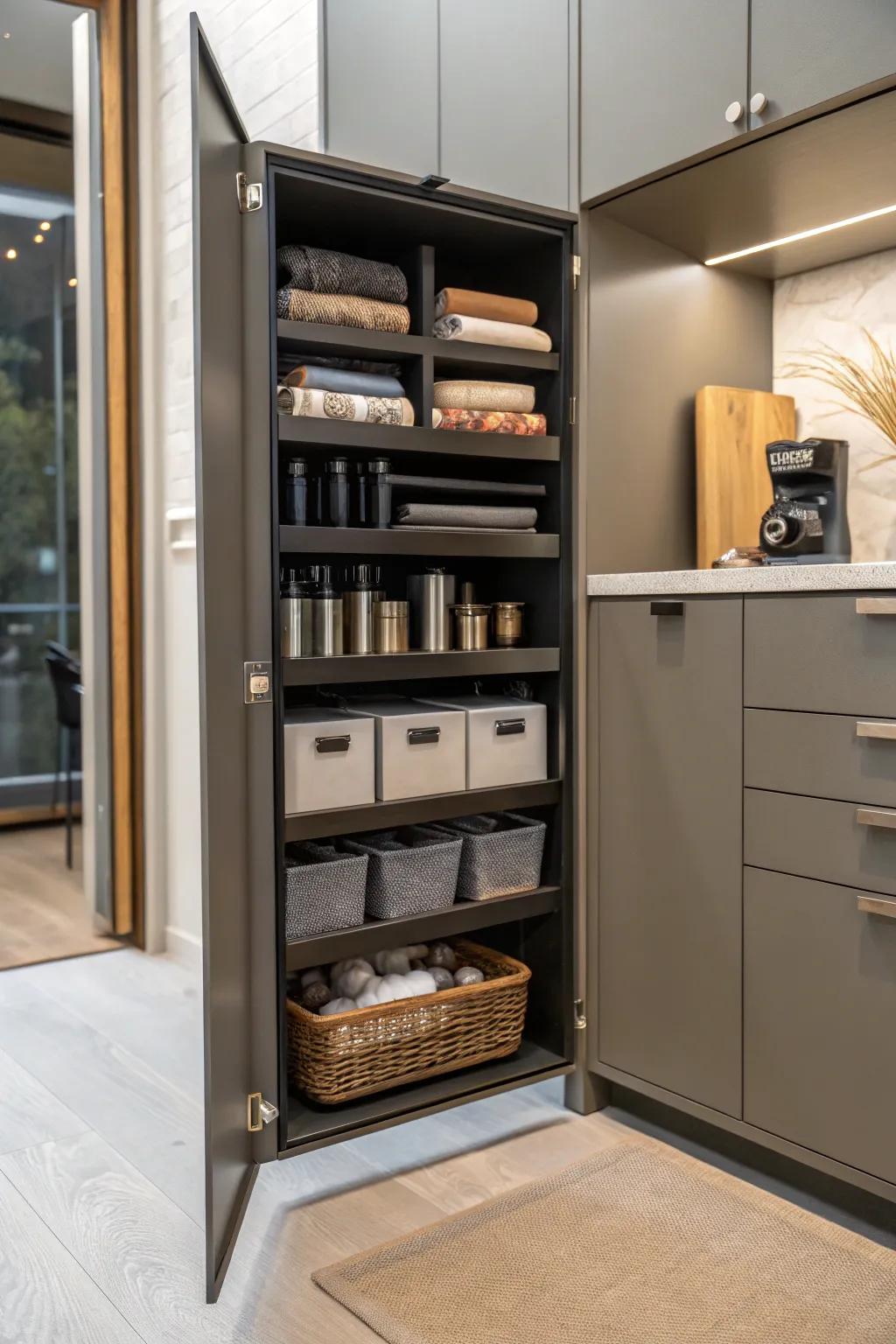 Adaptable shelving in a slim cabinet providing customizable storage.
