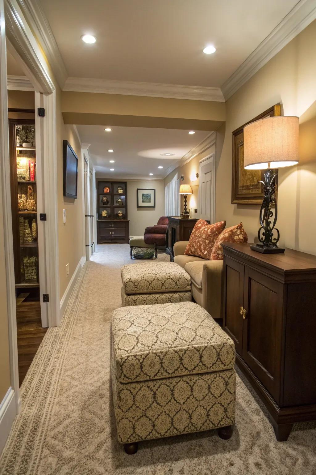 Ottomans equipped with concealed storage keeping a narrow living area clutter-free.
