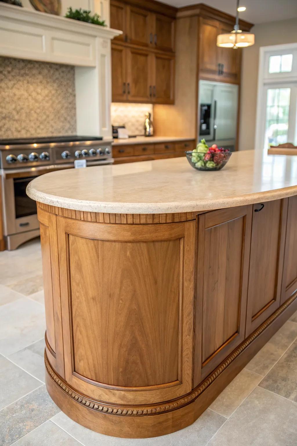 Curved timber borders infuse elegance and softness into the kitchen.