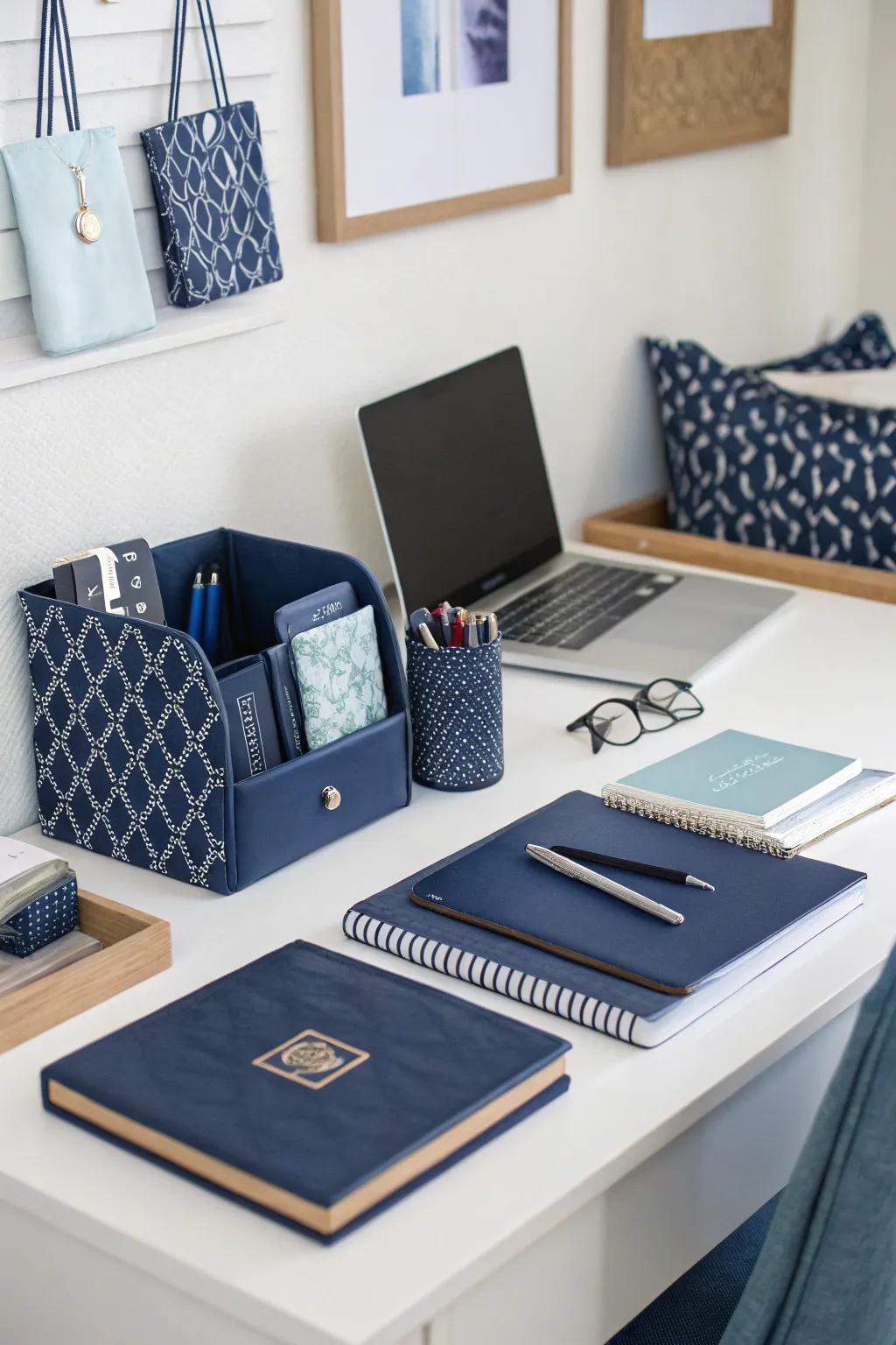 Ocean blue desk accessories enhance both style and organization.