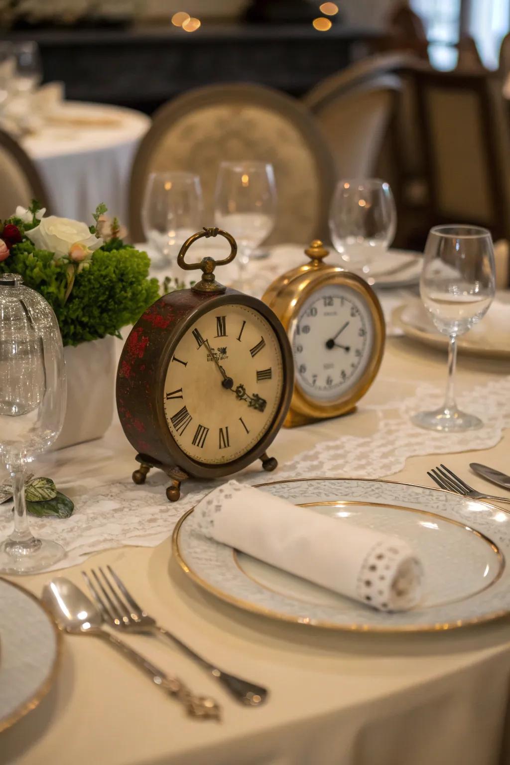 Vintage clocks as centerpieces add charm and symbolism.