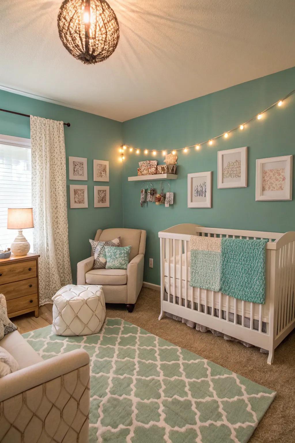 A chic nursery featuring fascinating teal accents.