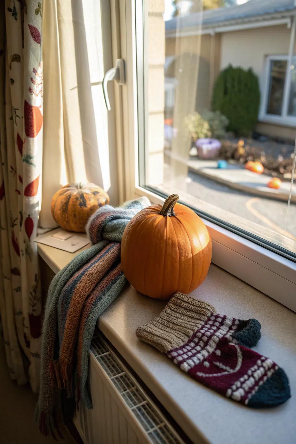 Cozy items like scarves and mittens make this pumpkin feel warm.