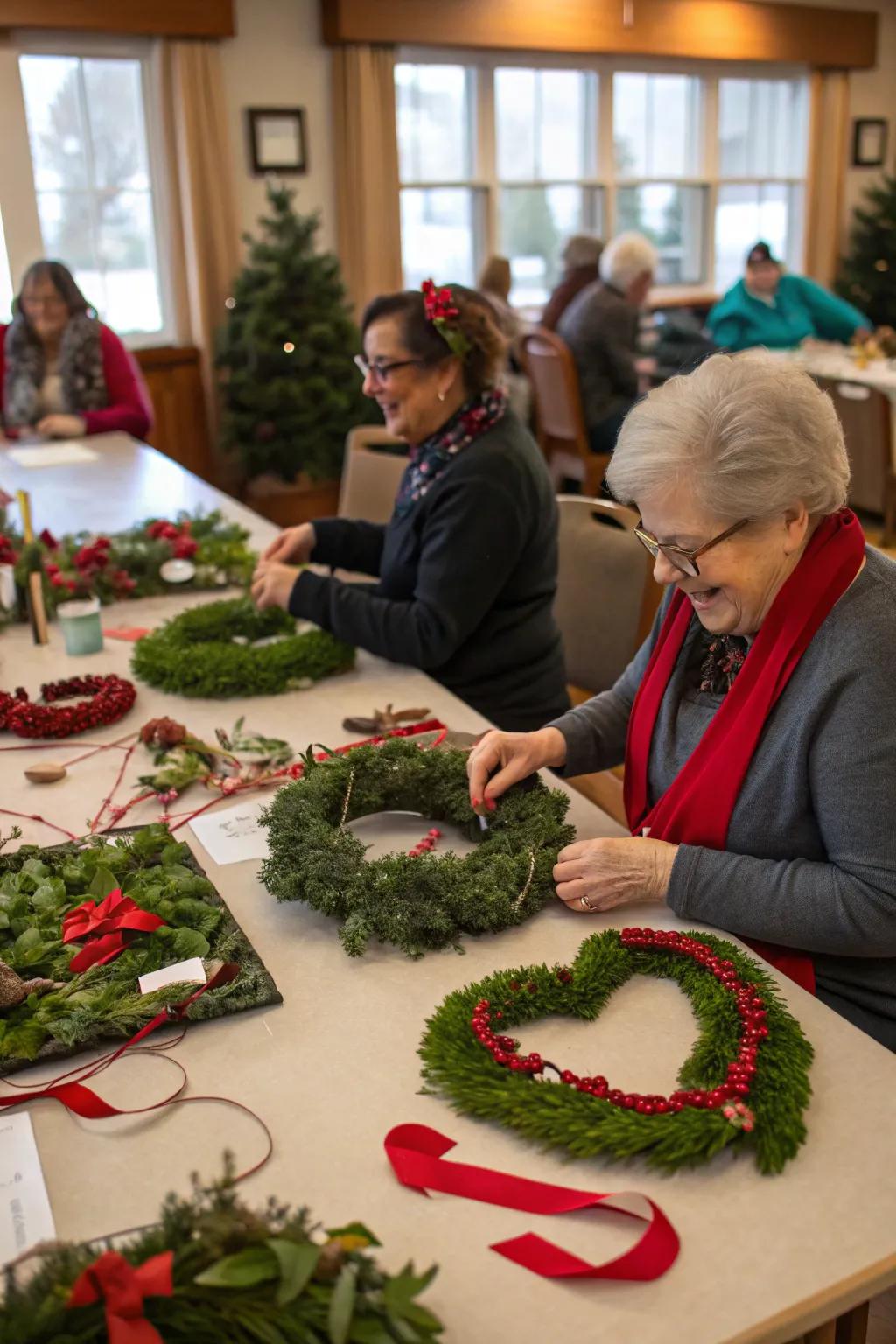 Crafting beautiful heart-shaped wreaths to decorate the space.