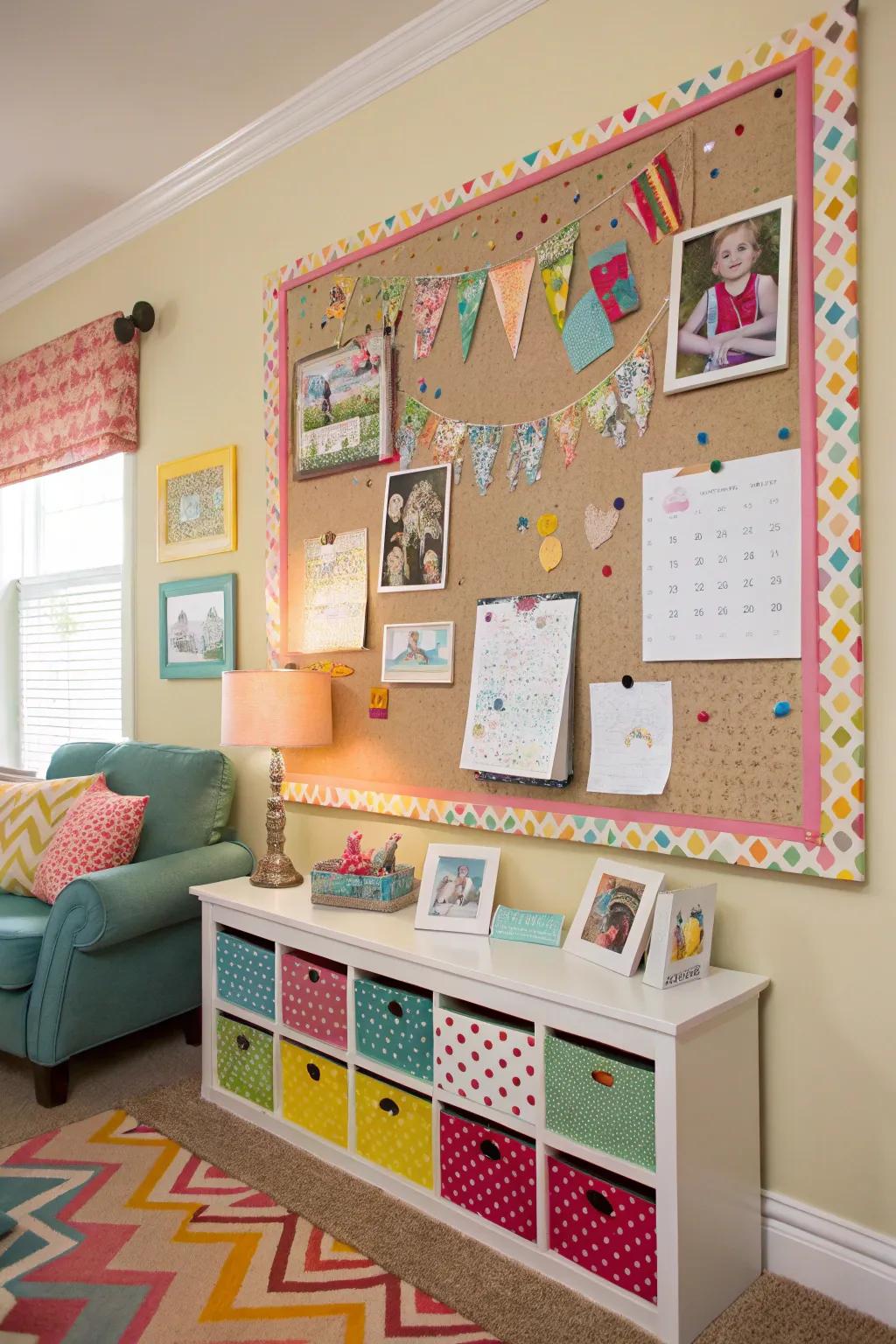 A family room bulletin board with colorful patterns.