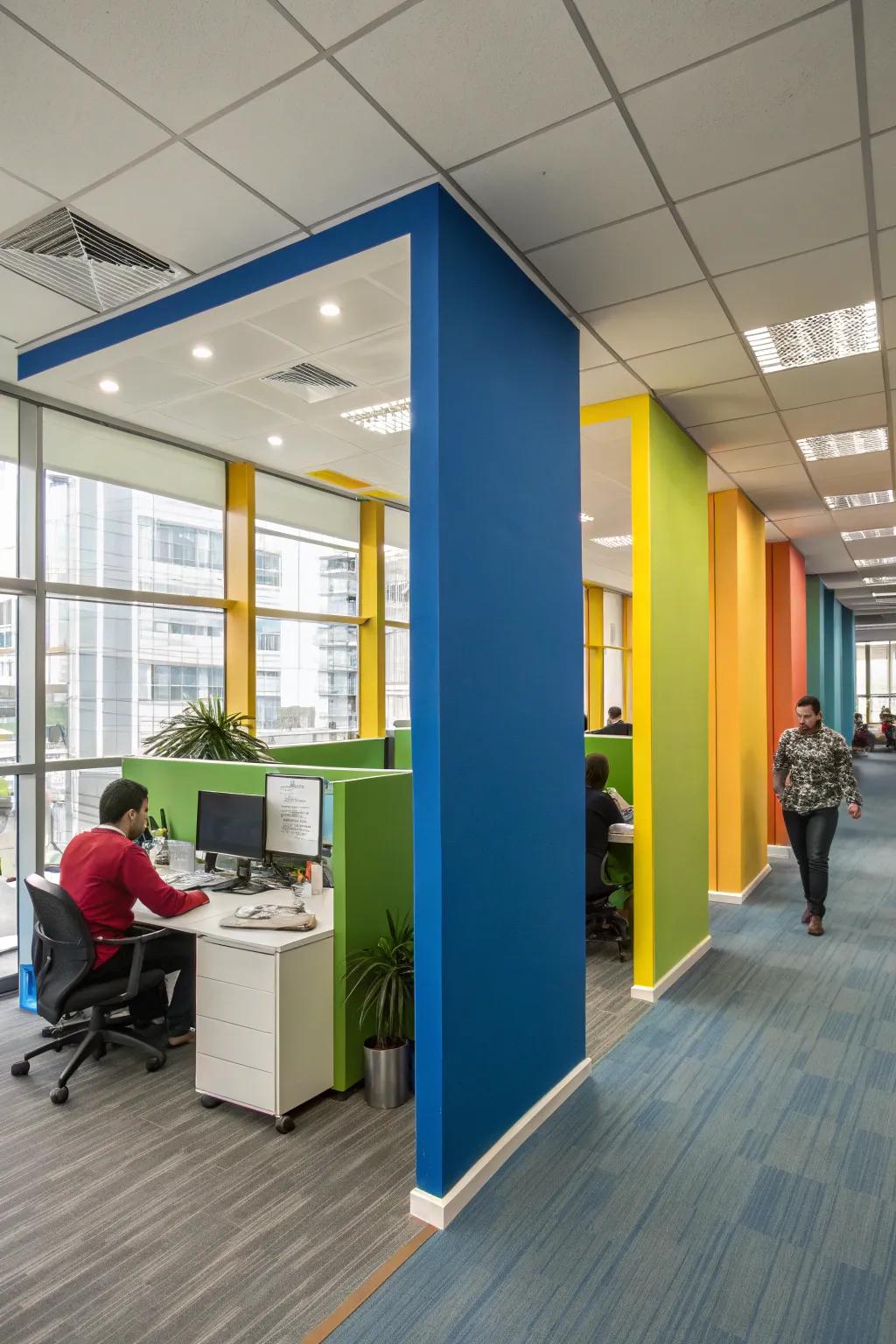 Painted partitions bring color and energy to office settings.
