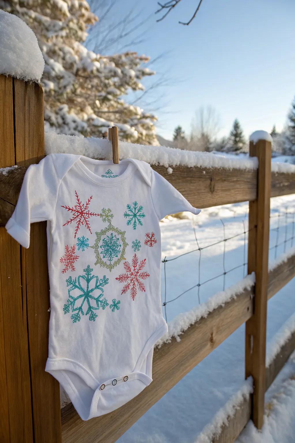 A winter-themed onesie using delicate snow designs.