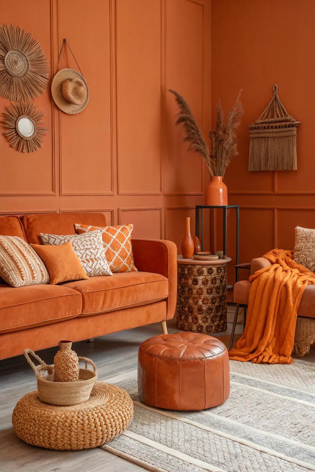 A monochromatic tangerine scheme crafts a bold and inviting space.