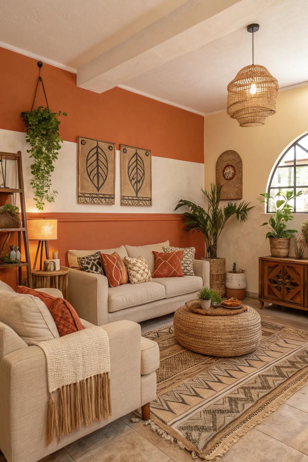 A living area feels inviting and grounded with its tangerine and beige palette.