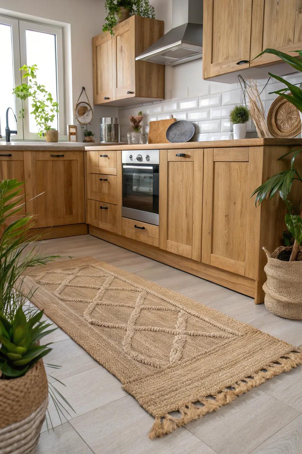 Textured rugs offer comfort and warmth, enhancing the organic ambiance.