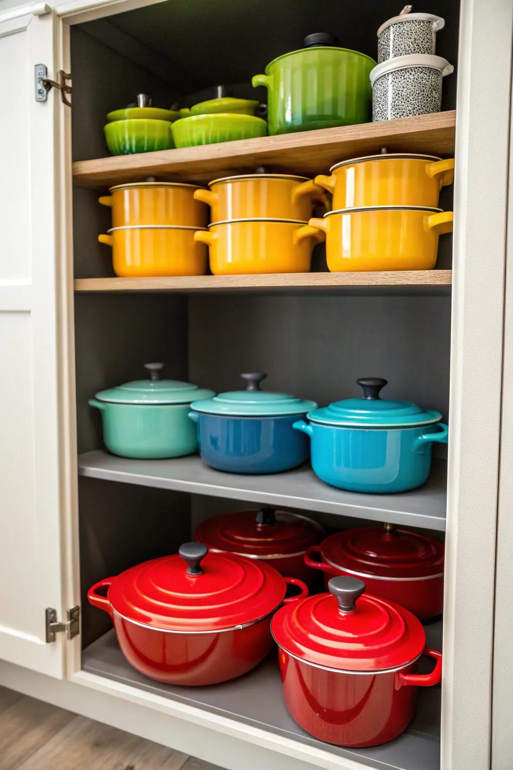 Color-coded cookware makes organizing and retrieval a breeze.