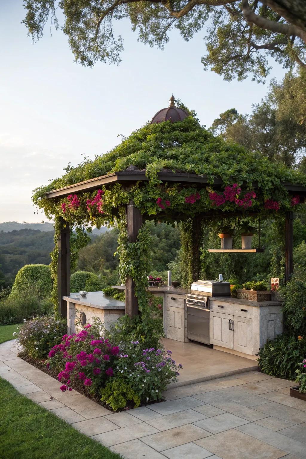 Establish a refreshing retreat with a lush greenery pavilion.