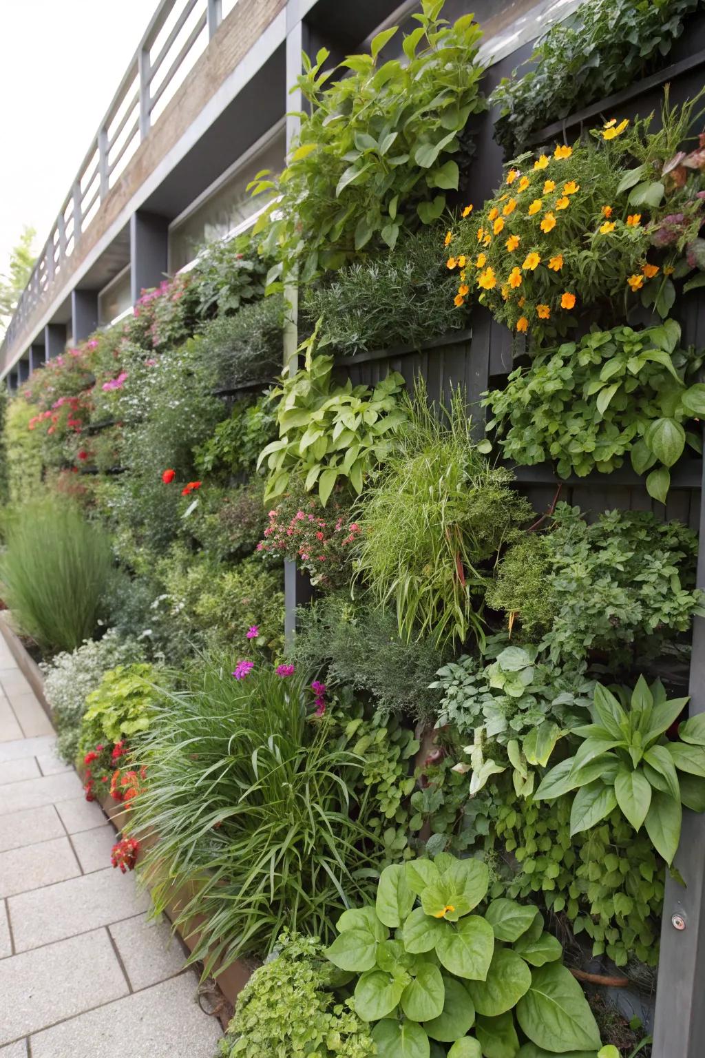 Upright flora walls incorporate greenery and save floor space in your outdoor retreat.