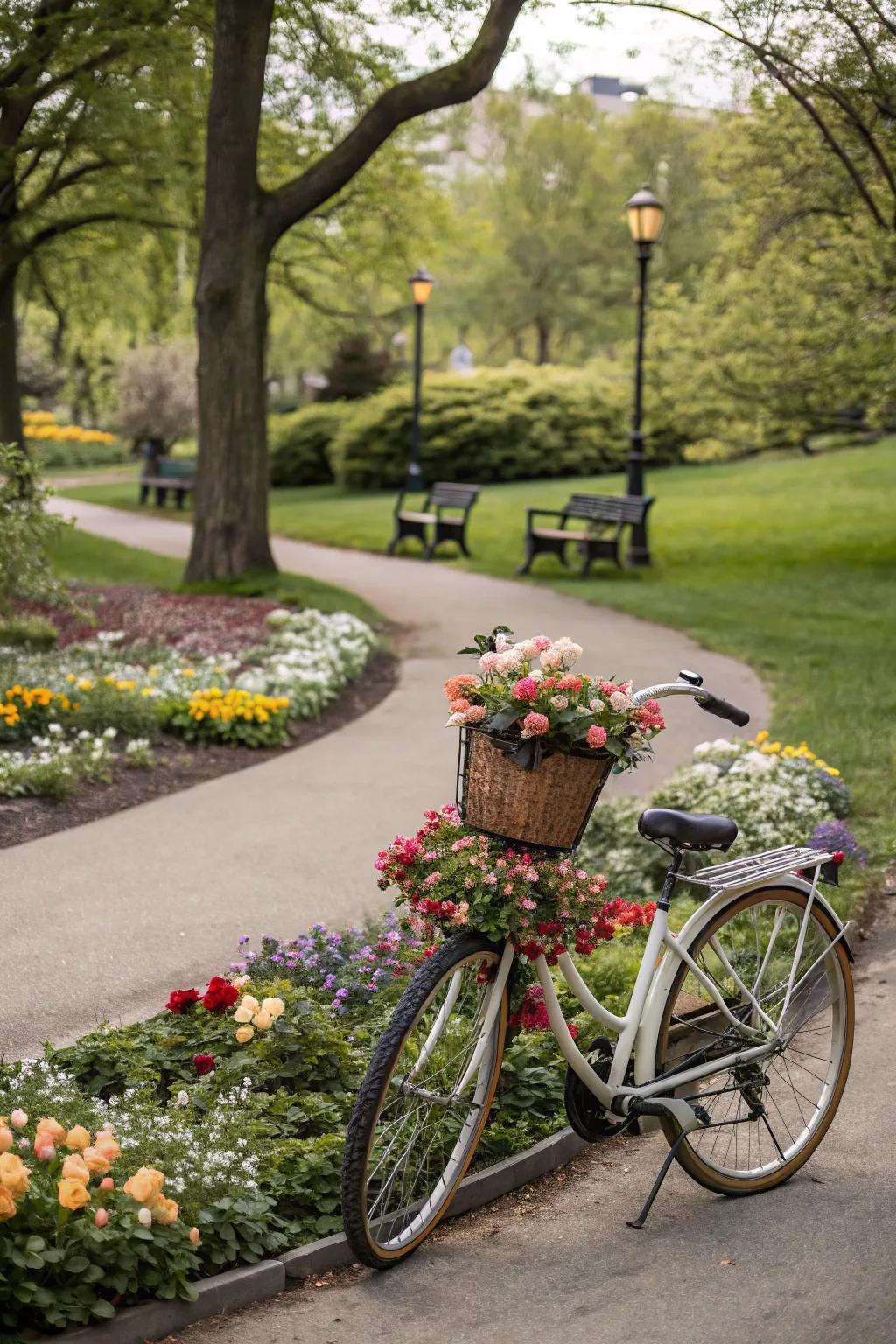 A vintage cycle brings a whimsical and nostalgic element to park decor.
