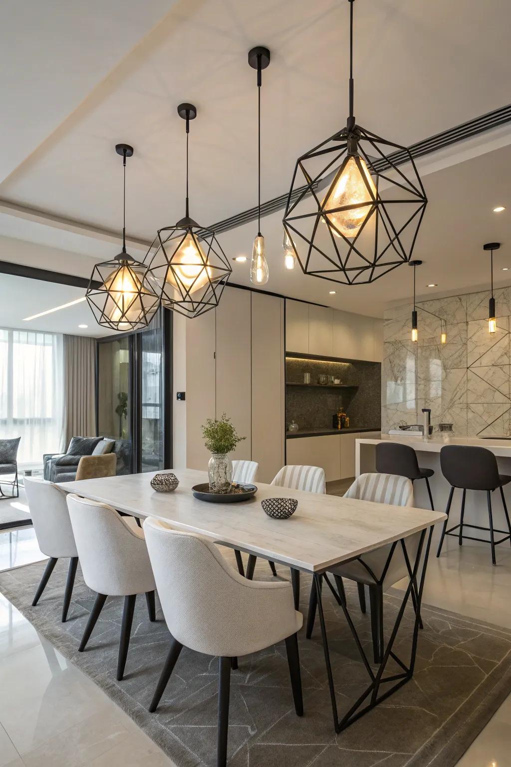 Geometric lighting components offer an artistic touch to any dining space.