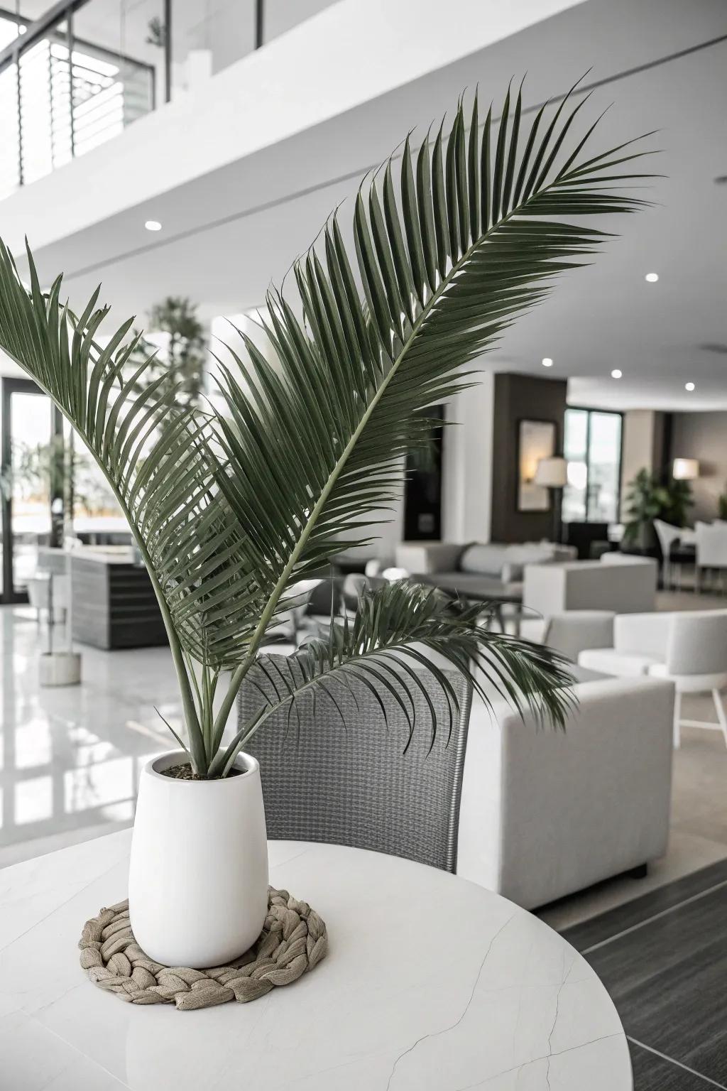 A monochrome palette with leafy fronds offers a sophisticated look.