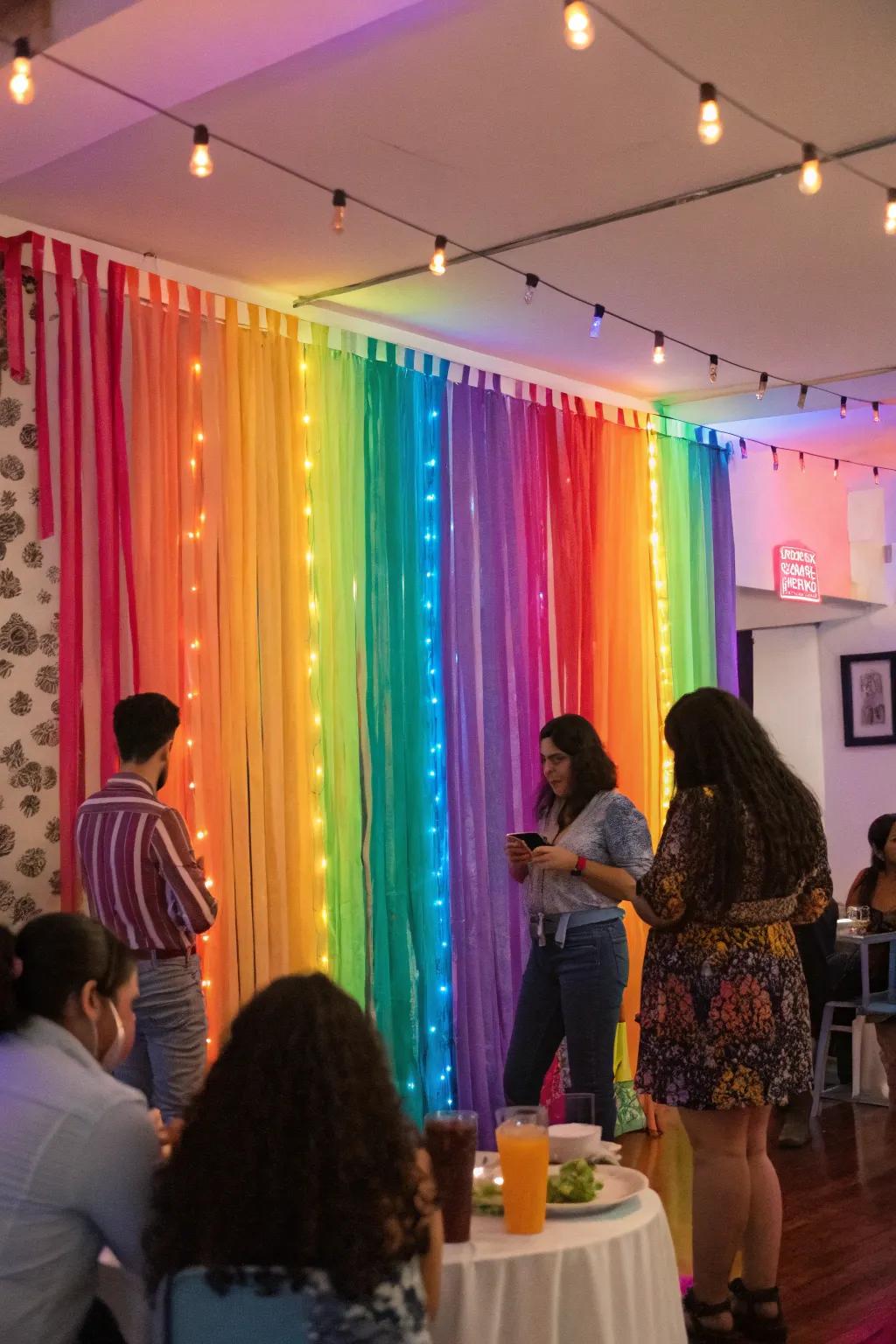 A ribbon wall serves as a vibrant and versatile party backdrop.