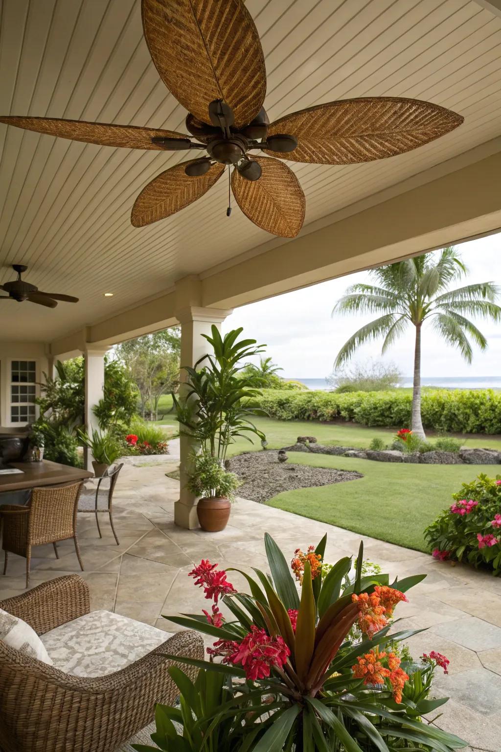 A tropical-themed patio with a ceiling fan featuring palm leaf blades.