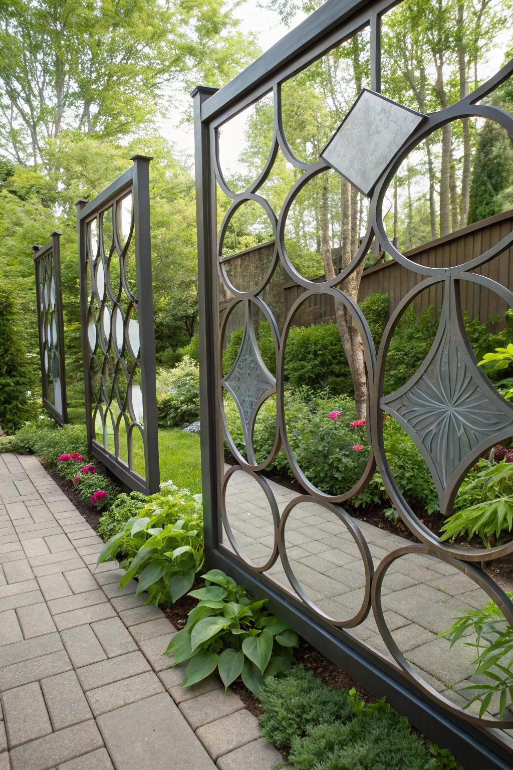 Mirrors on a patio fence creating the illusion of more space.