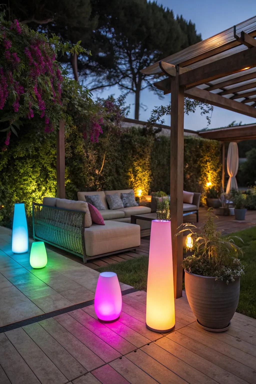 Color-switching LEDs offer a dynamic and fun lighting option for your patio.