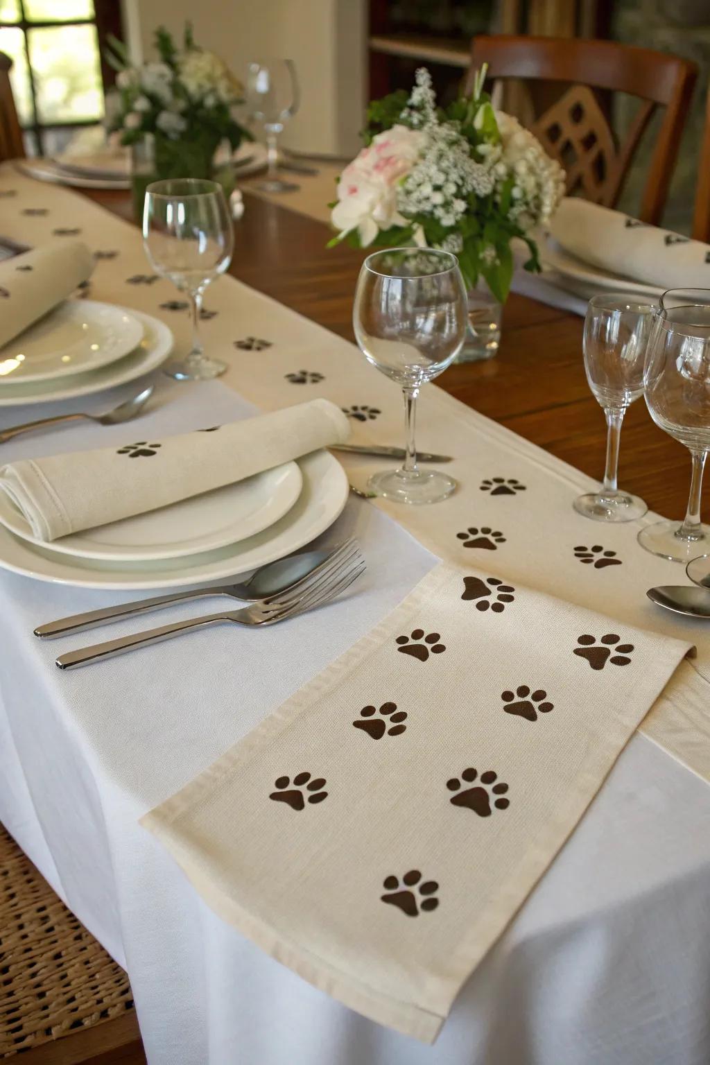 An elegant dining setup with a paw print table runner.