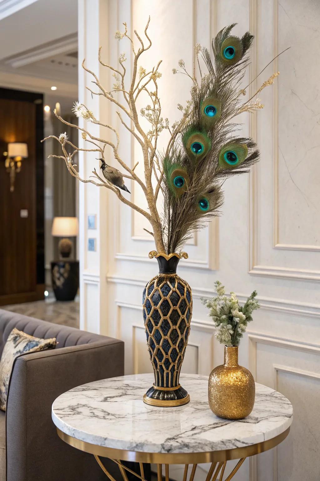 A luxurious centerpiece showcasing gilded branches and avian plumage.