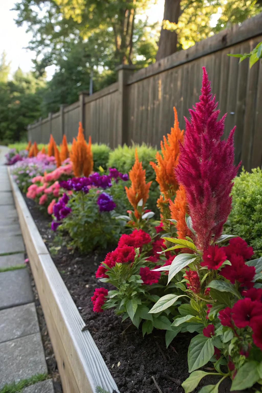 Unique contrast is achieved as celosia's showy spikes complement vibrant petunias.