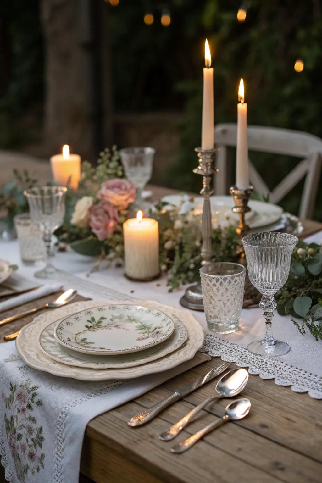 A romantic dining table setting with elegant tableware and candlelight.