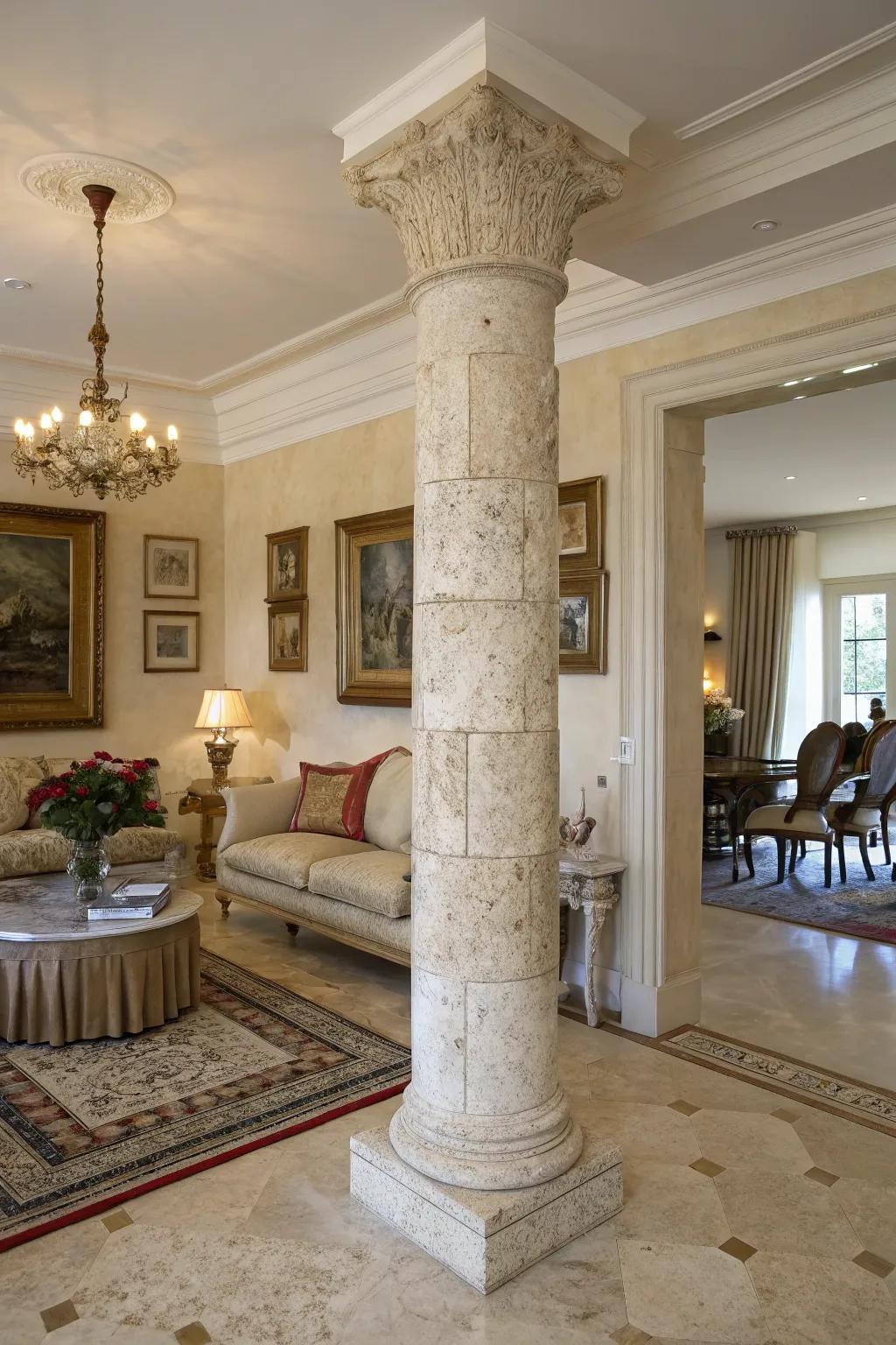 Natural stone coverings lend timeless elegance to pillars.
