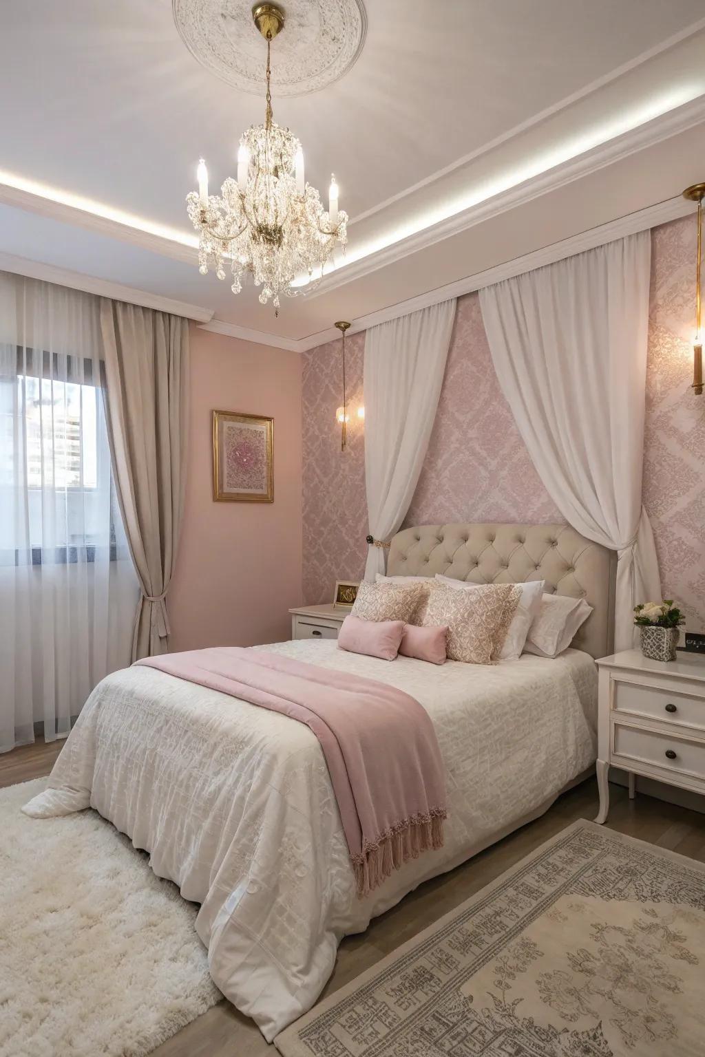 Pink pearl tones create a luxurious and serene bedroom escape.
