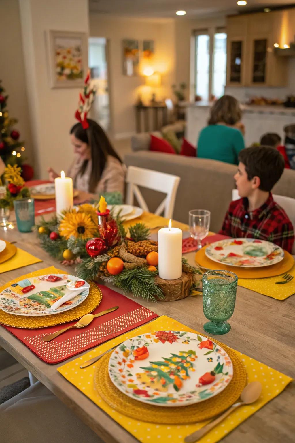 Festive placemats contribute a celebratory nuance to holiday meals.