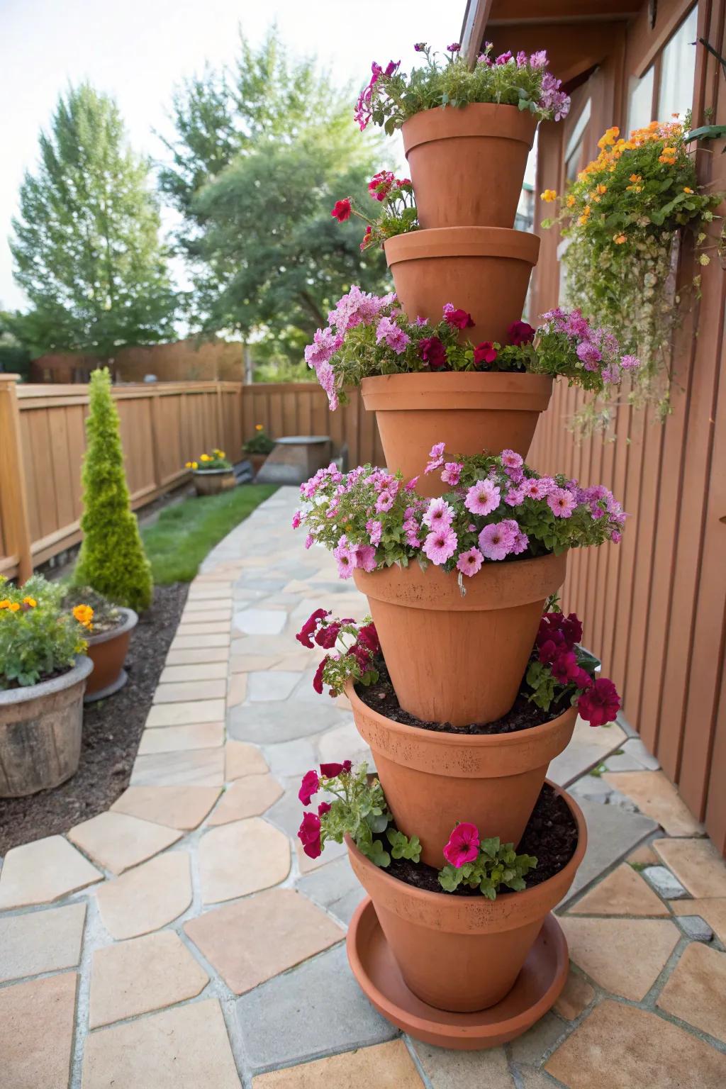 Create drama with tiered clay pot displays.