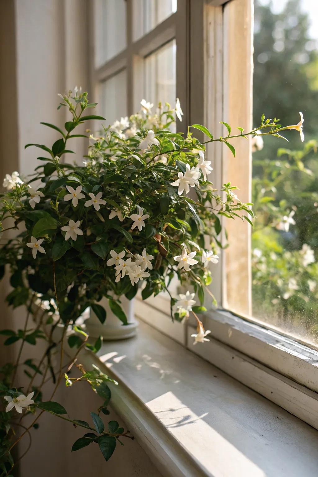 A fragrant jasmine plant, filling the air with its sweet scent.