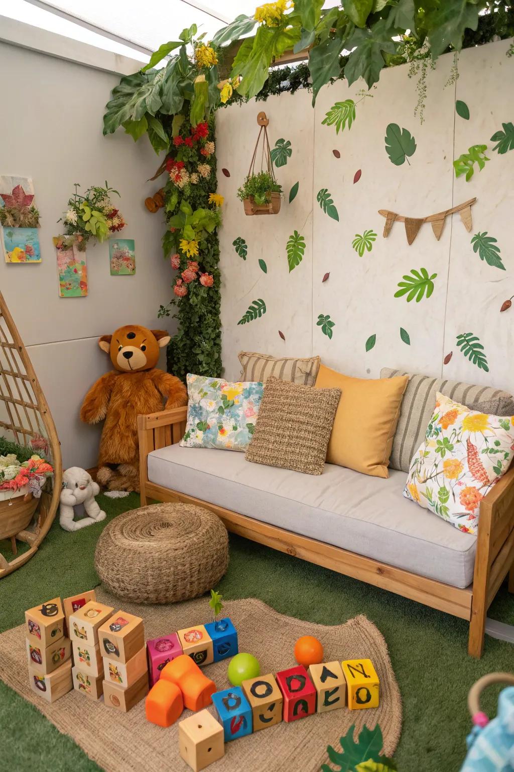 A refreshing playroom featuring an outdoor-inspired couch.