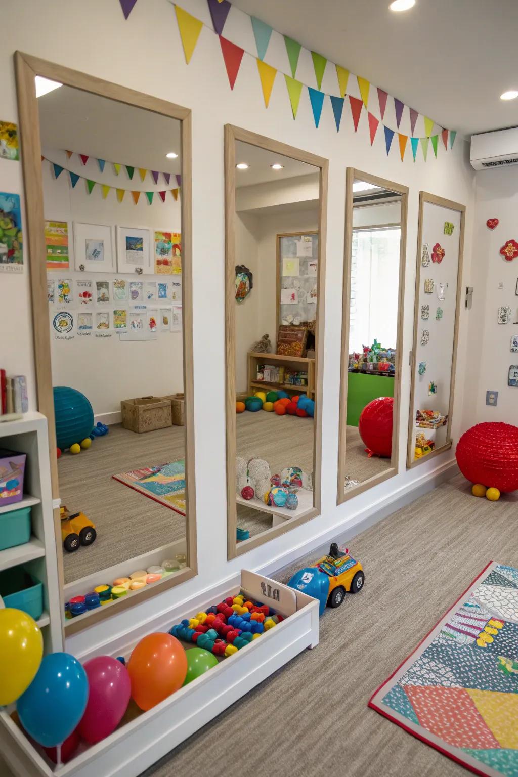 Mirrors in a playroom give the impression that it is bigger.
