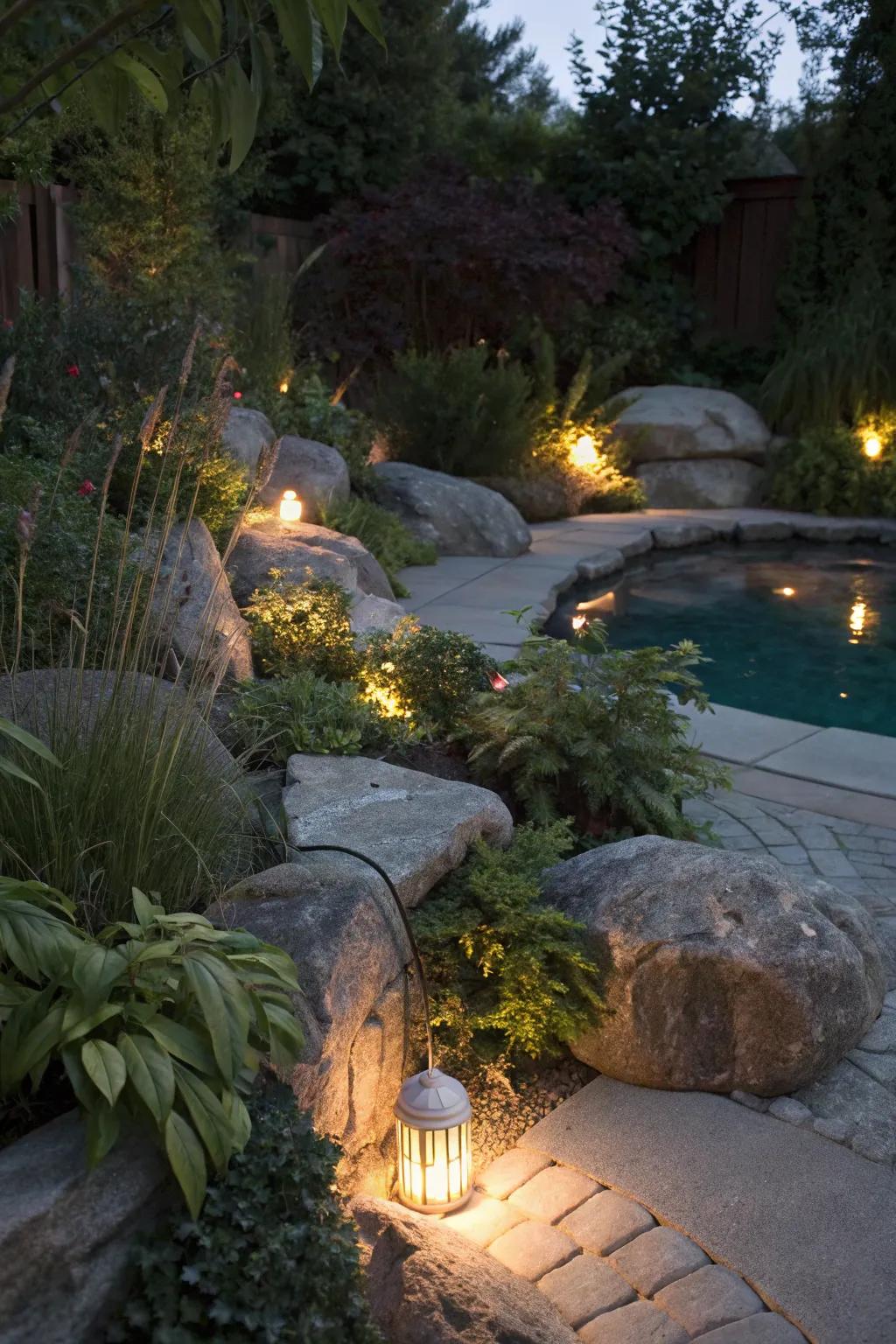 Hidden lights add intrigue and magic to the pool landscape.