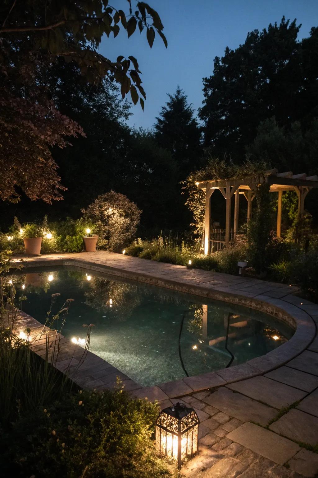 A pool pond featuring enchanting nighttime lighting.
