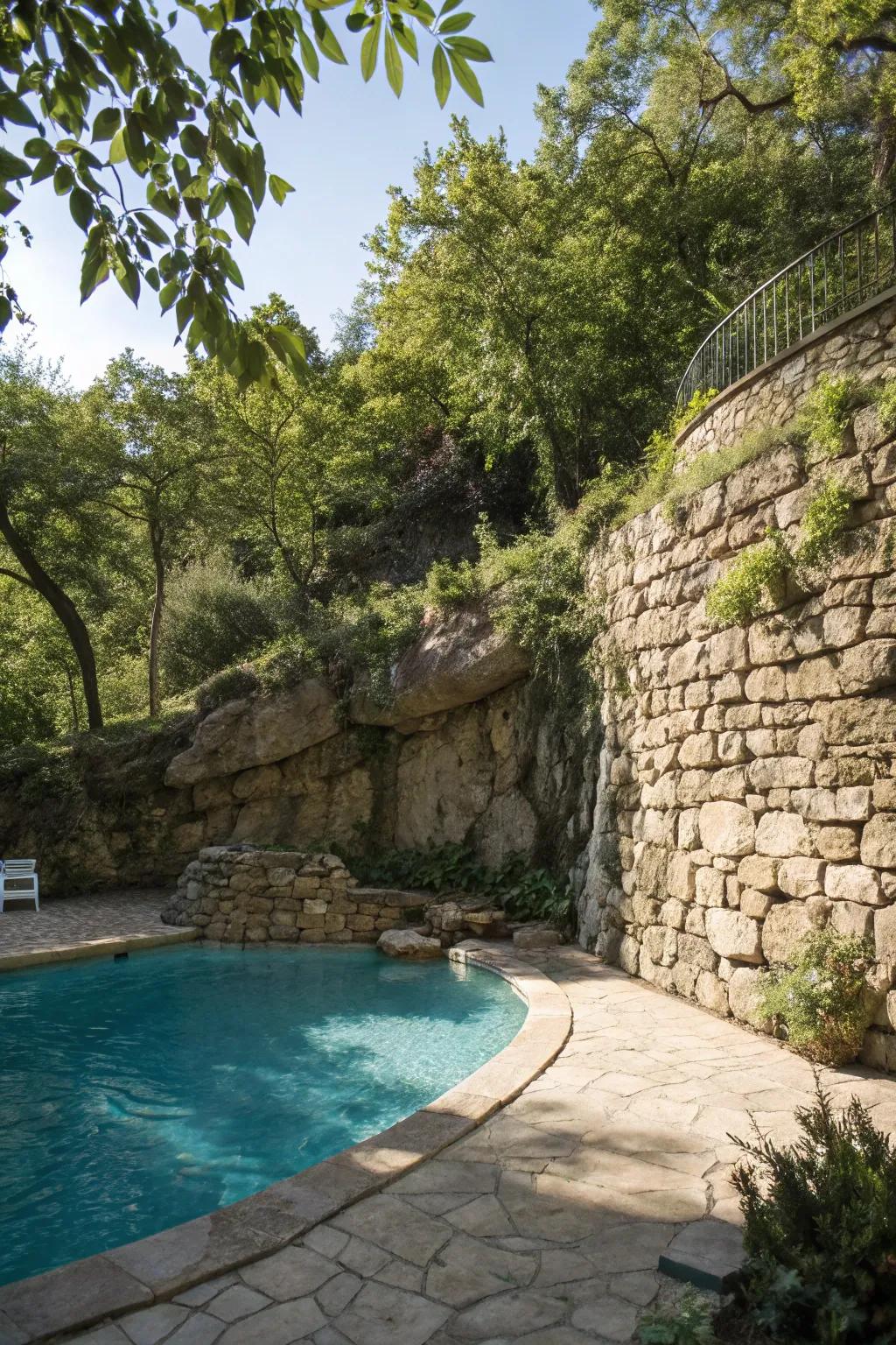 A natural rock wall adds rugged beauty and privacy.