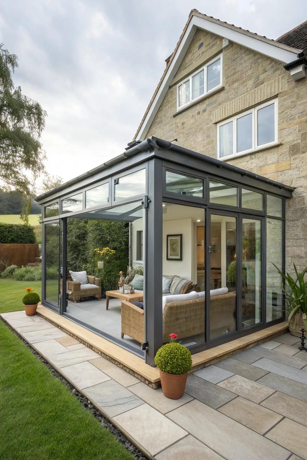 A porch addition featuring innovative glass walls.